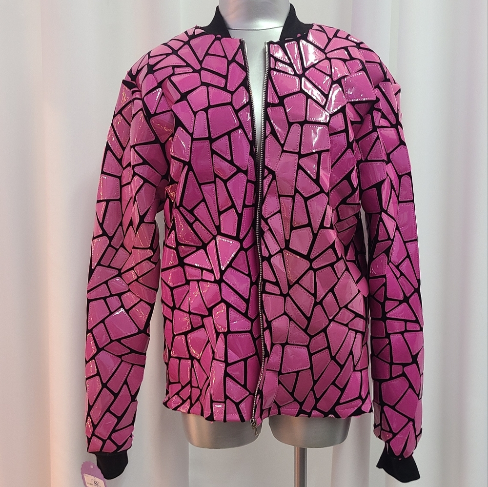 Celb.Designer costom made baseball style pink jacket.Triangle plastic design.